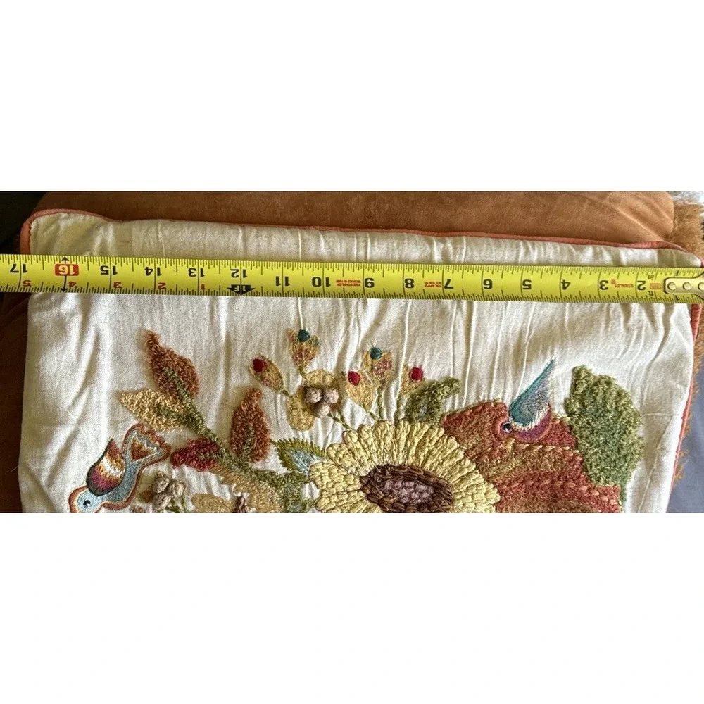 Pier 1 Throw Pillow Sunflowers Birds Crewel Embroidered Harvest Decorative Decor